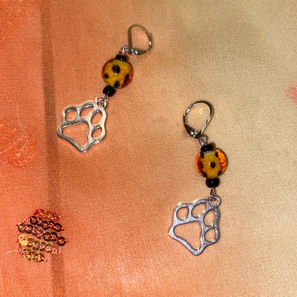 Handmade Earrings w New & Upcycled Beads in Leopard Print Glass Ceramic & Paws - Picture 1 of 2